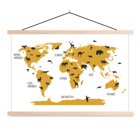 omroeper stap in Promotie Dieren geel textielposter - Wereldkaart op schoolplaat - Wereldkaarten